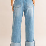 High-Waisted Wide Leg Cuffed Jeans