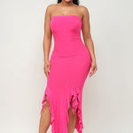 Solid Bottom Ruffle Trim Hem Slit Tube Maxi Dress