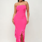 Solid Bottom Ruffle Trim Hem Slit Tube Maxi Dress